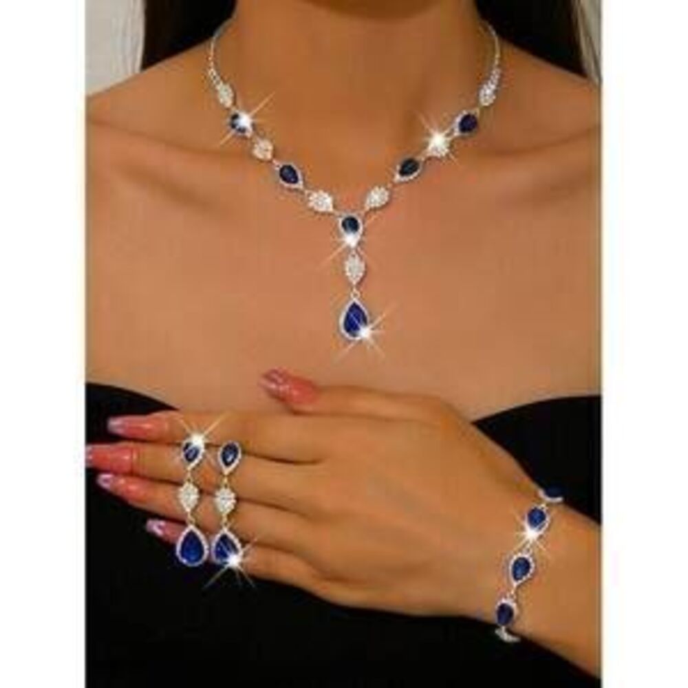 Wedding Pear Shaped Rhinestone Earring Necklace Bracelet Jewelry Set Minimalist